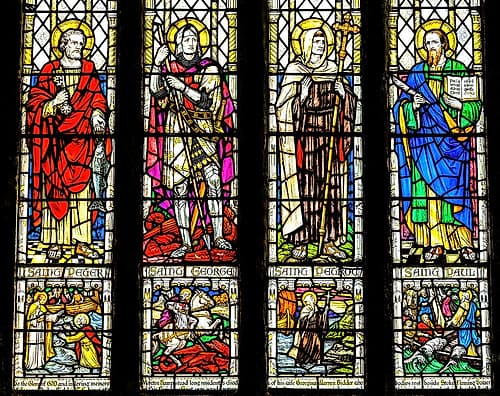 Saints Peter Paul Petroc and George stained glass, St. Petroc Church, Dartmouth, Devon, England Victorian Print